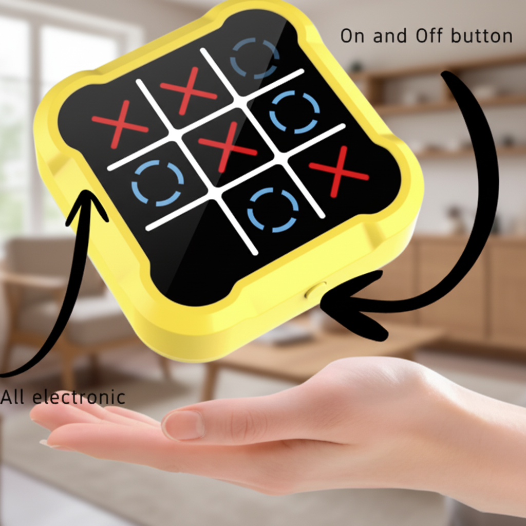 Small electronic device resembling a classic tic-tac-toe game held in a hand.